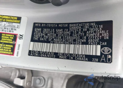 2017 Toyota Corolla L из США, поврежденный, VIN 2T1BURHE4HC791958